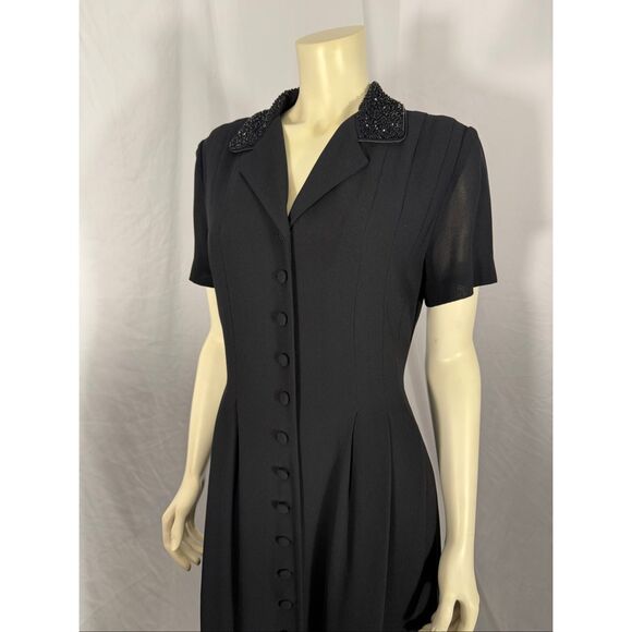 Vintage 90’s Jessica Howard Black Maxi Dress Beaded Collar Button Front Short Sl - Picture 1 of 12